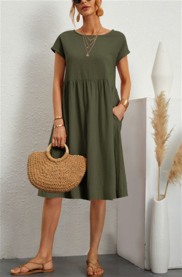 Summer Short-sleeved Dress With Pockets Fashion Solid Round Neck A-line Dresses For Women Clothing - Swefashionstore