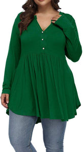 FASION V-neck Buttons Pleated Long Sleeve Plus Size T-shirt - Swefashionstore
