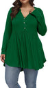 FASION V-neck Buttons Pleated Long Sleeve Plus Size T-shirt - Swefashionstore