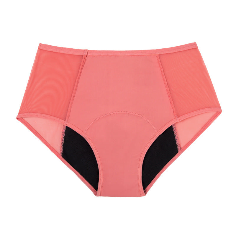 4-layer absorption menstrual brief in pink with black inner lining.