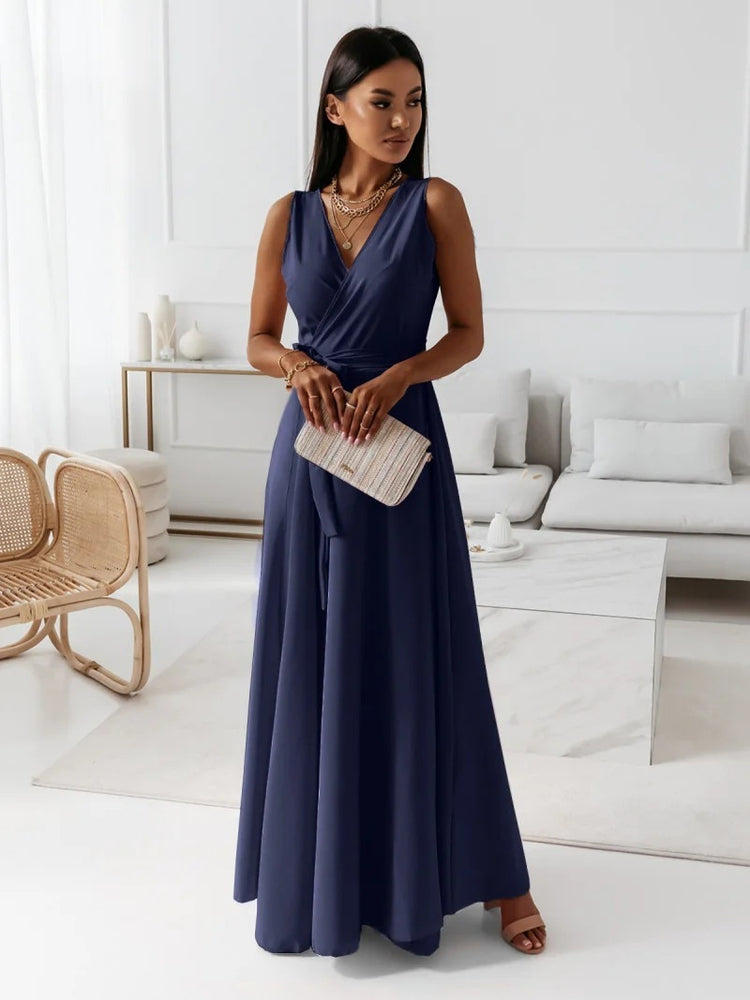 V-neck Sleeveless Dress With Belt Summer Fashion Party Club Evening Maxi Dresses For Women Clothing - Swefashionstore