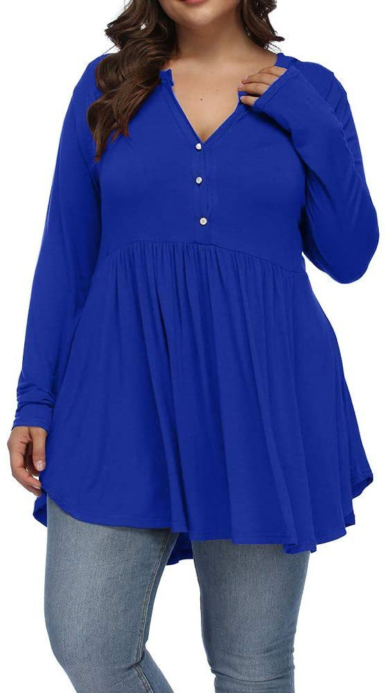 FASION V-neck Buttons Pleated Long Sleeve Plus Size T-shirt - Swefashionstore