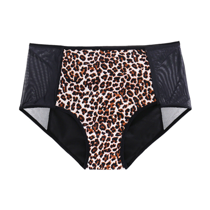 4-layer absorption menstrual brief with leopard print and nylon fabric.