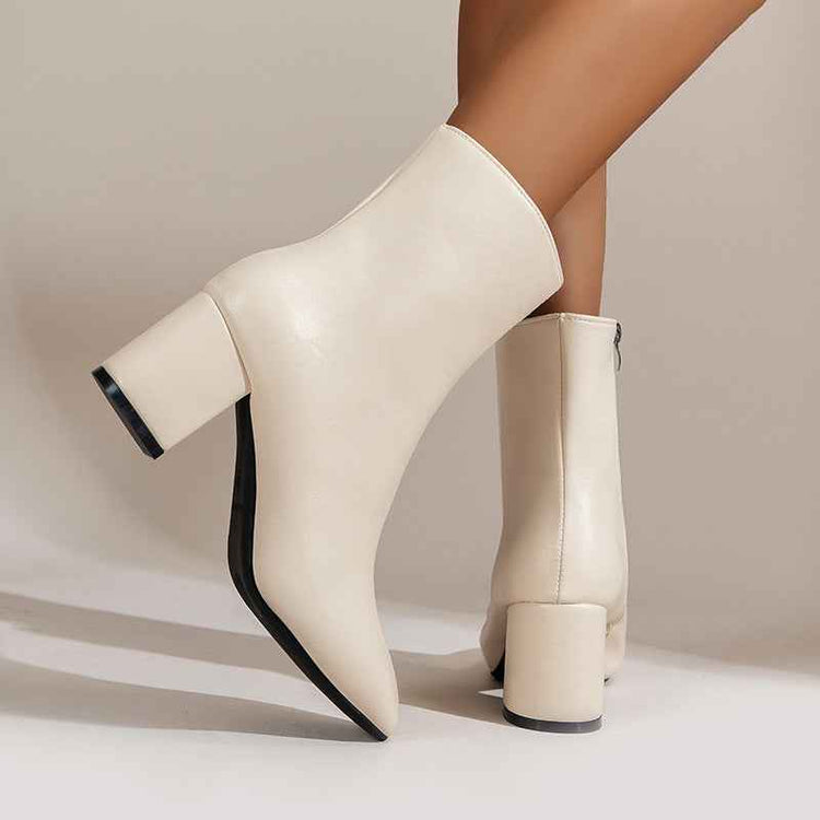Chunky Heel Pointed Toe Boots with Side Zipper - Fashion Mid-Calf Boots for Women