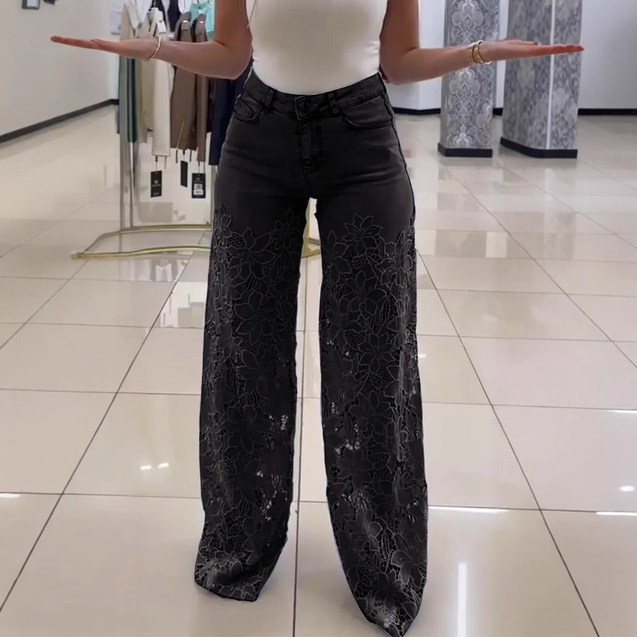 Y2K Lace Flowers Hollow Jeans Fashion High Waist Straight Wide Leg Pants Solid Color Trousers Women&