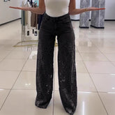 Y2K Lace Flowers Hollow Jeans Fashion High Waist Straight Wide Leg Pants Solid Color Trousers Women&