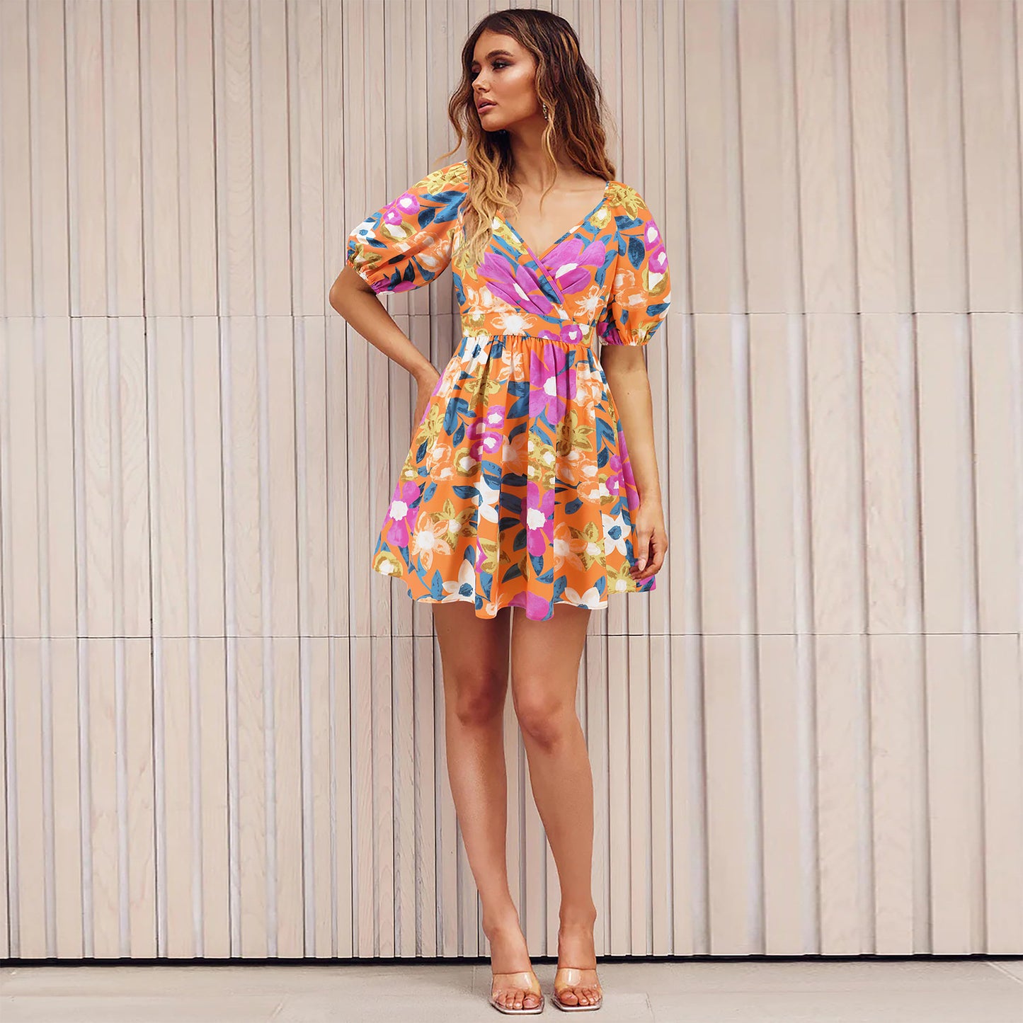 V-Neck Lantern-sleeve Dress