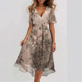 Flowers Printed V-neck Dress Summer A-line Short-sleeved Dresses For Women - Swefashionstore