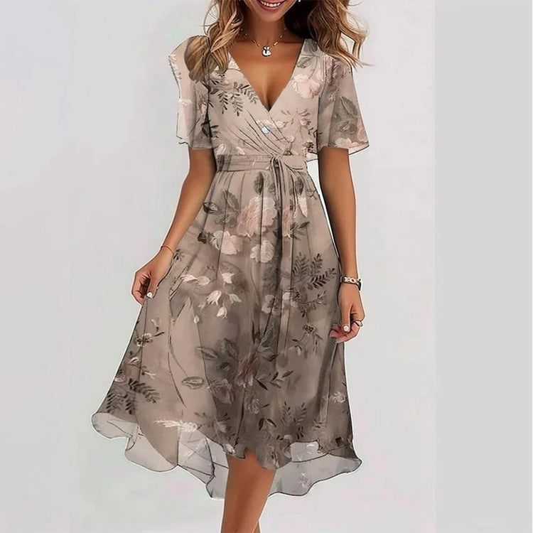 Flowers Printed V-neck Dress Summer A-line Short-sleeved Dresses For Women - Swefashionstore