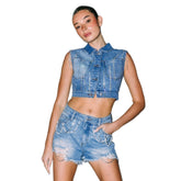 Frayed Lace-up Decorative Low Waist Rhinestone Jeans - Swefashionstore