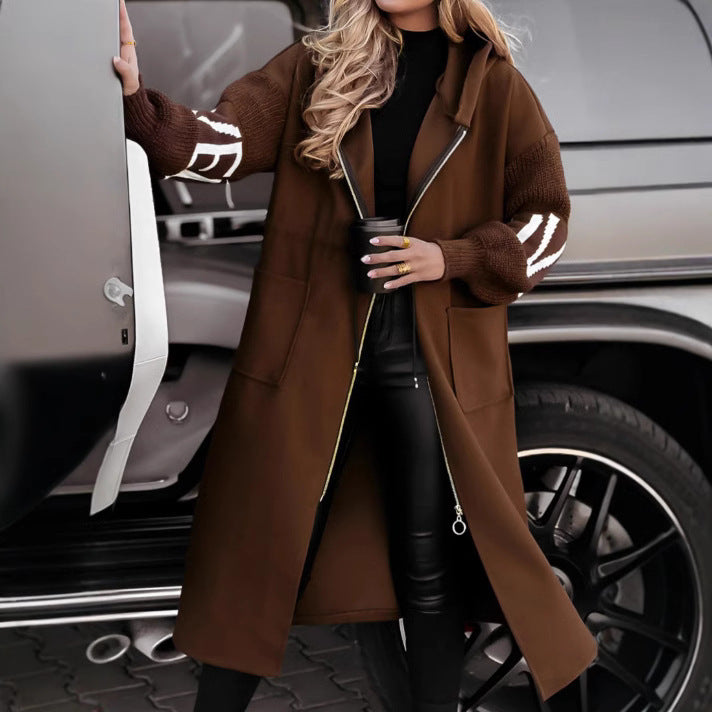 Hooded Windbreaker Long Jacket With Pockets And Drawstring Design Solid Color Knit-Sleeved Trench Coat For Women Clothing Fall Winter - Swefashionstore