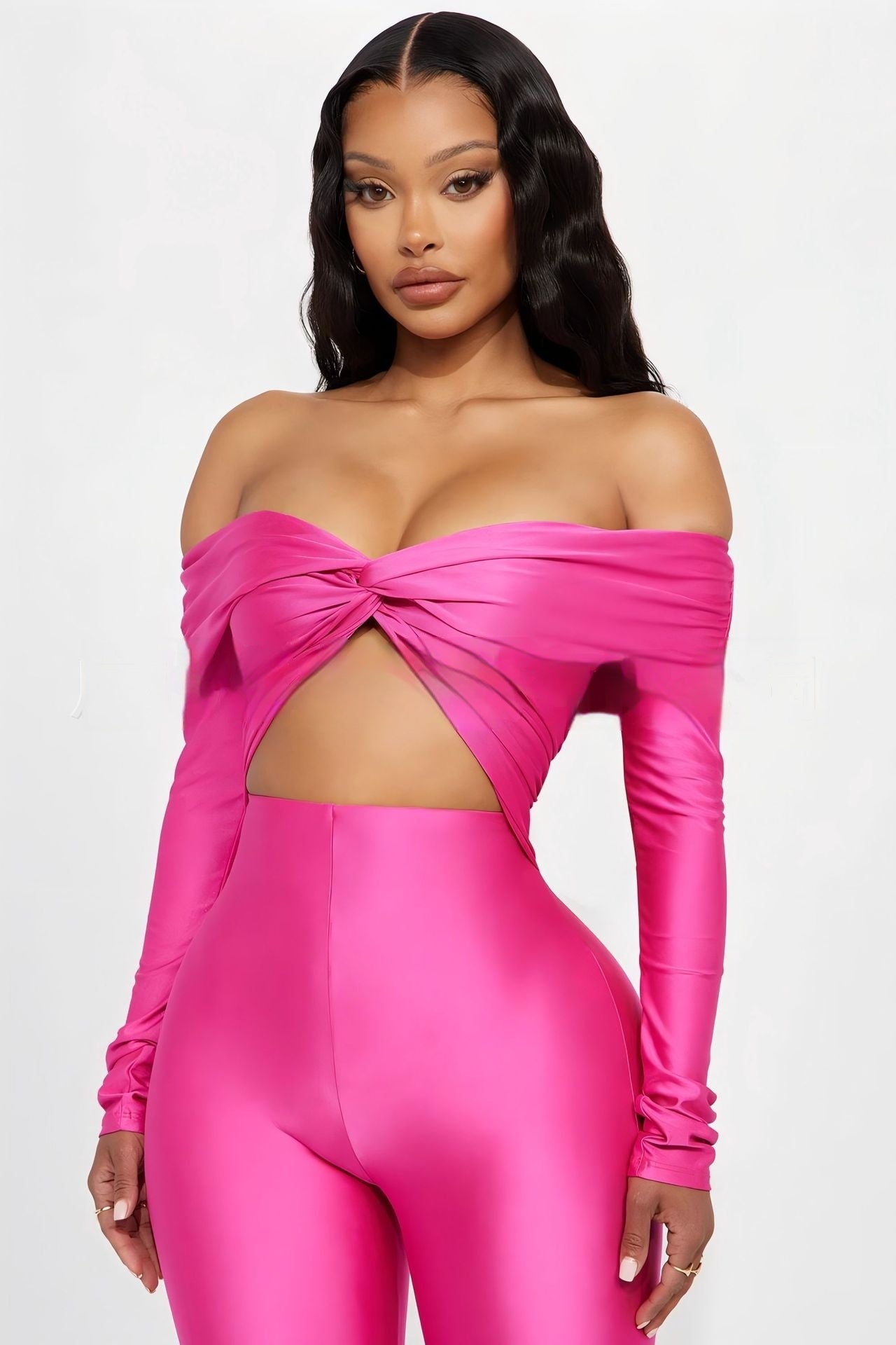 Women's V-neck long sleeve top high waist jumpsuit in bright pink.