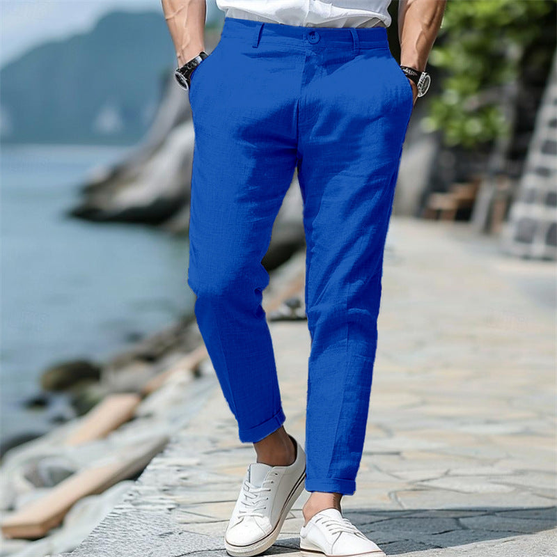LINEN SUMMER Button Front Slant Pocket Straight-leg Trousers