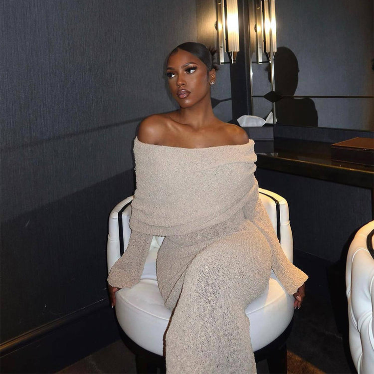 New One-shoulder Knitted Long-sleeved Dress - Swefashionstore