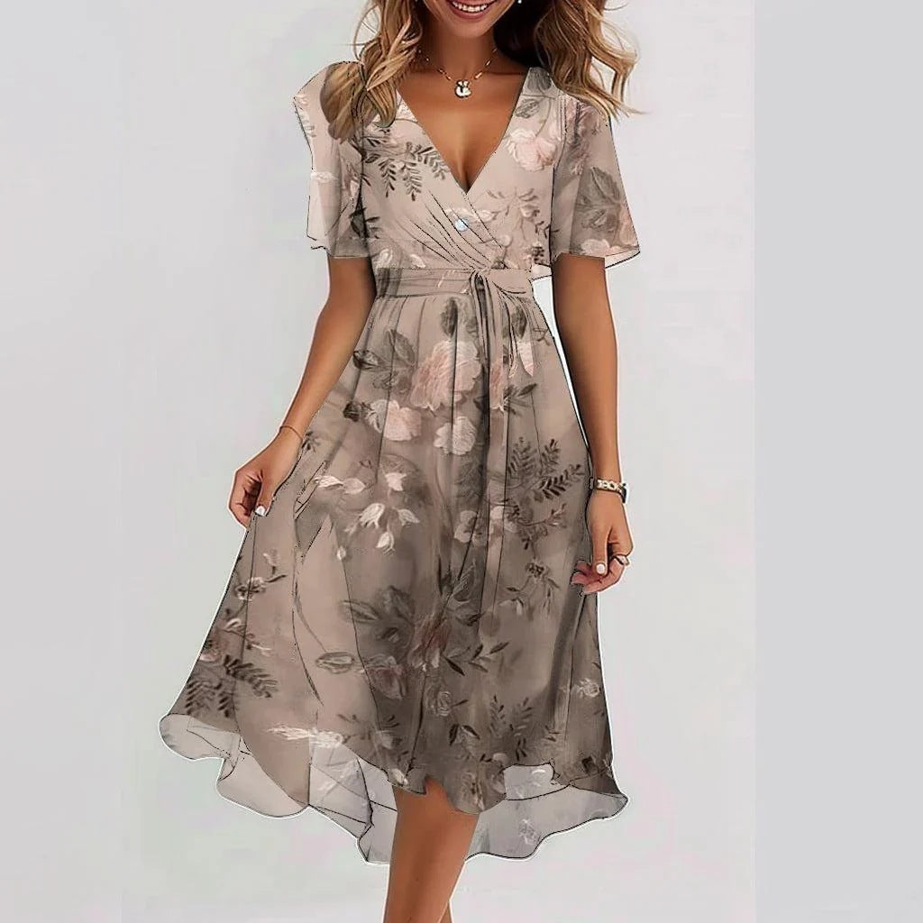 Chiffon Printed Short Sleeve Dress Summer Elegant V-neck Dresses Womens Clothing - Swefashionstore