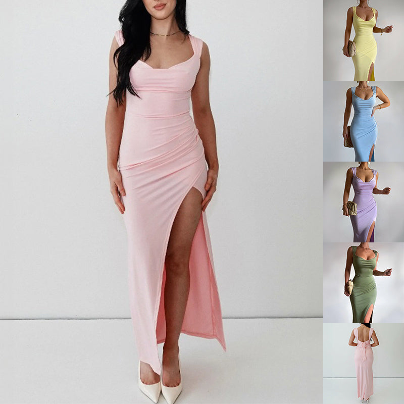 Slim Sleeveless Slit Dress With Back Tie Design - Swefashionstore