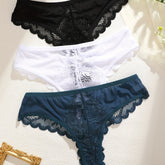 3 Pcs Breathable Sexy Lacy Trim Briefs, Semi-Sheer Thong Women&