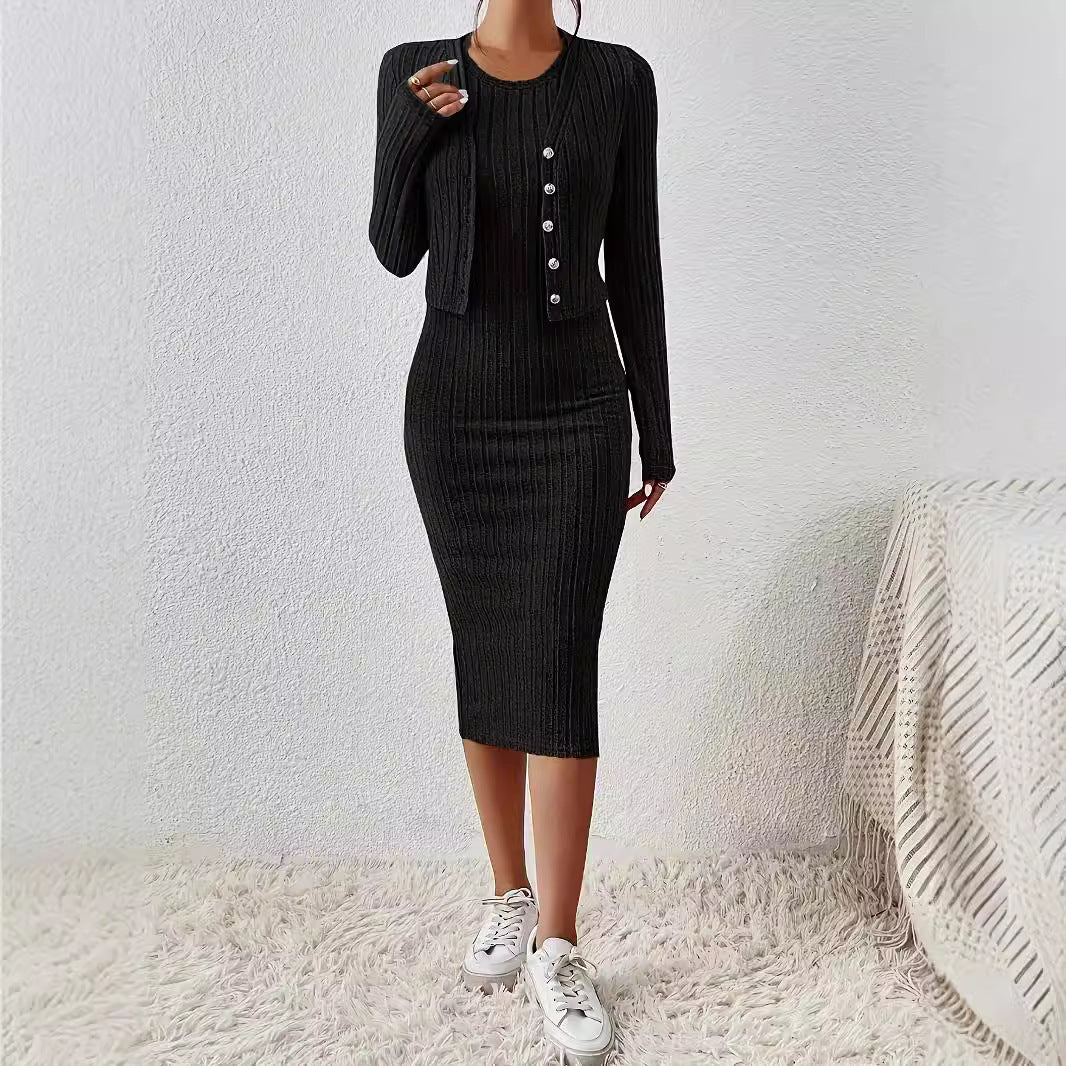 Front Button Cropped Top And Slim Fit Dress - Swefashionstore