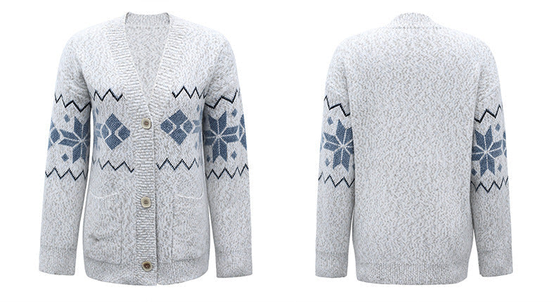 Single-breasted women's knit sweater with snowflake pattern and long sleeves.