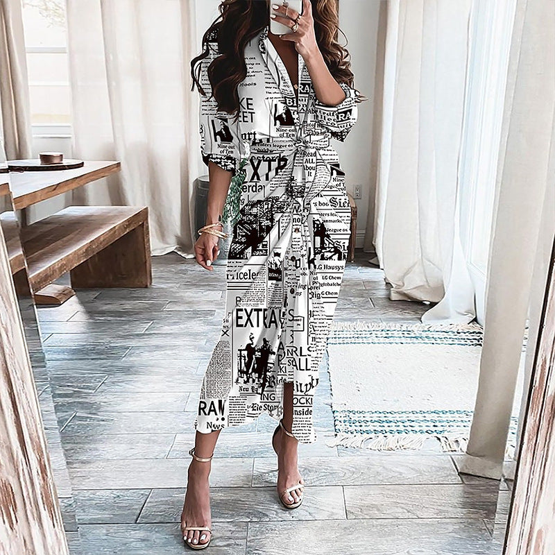 NEW European Print Long-Sleeved LACE-UP Single-Breasted SHIRT Dress