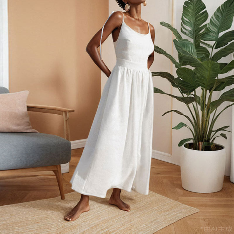 Summer V-neck high waist long dress in a stylish, sleeveless design made of comfortable polyester.