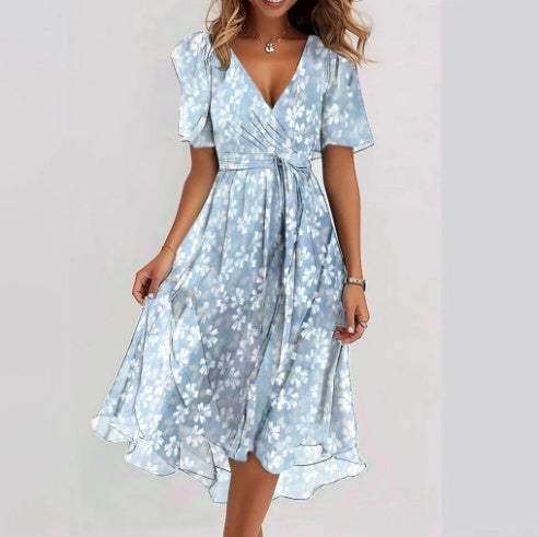 Chiffon Printed Short Sleeve Dress Summer Elegant V-neck Dresses Womens Clothing - Swefashionstore