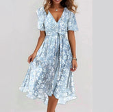 Chiffon Printed Short Sleeve Dress Summer Elegant V-neck Dresses Womens Clothing - Swefashionstore