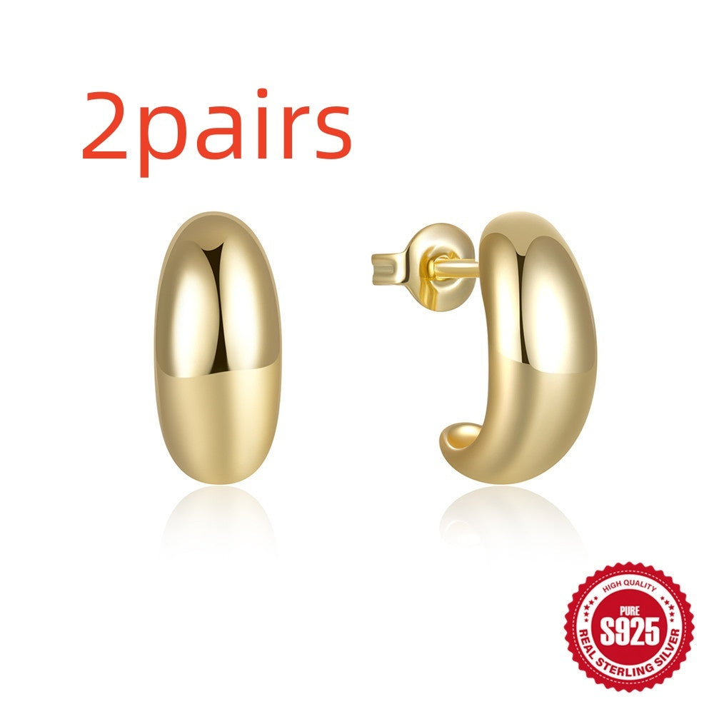 925 Sterling Silver C- Shaped Glossy Metal Earring Ringstud Earring - Swefashionstore