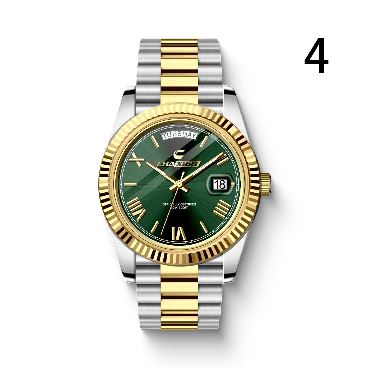 Men's quartz wrist watch with gold and silver stainless steel strap, green dial, and day-date display.