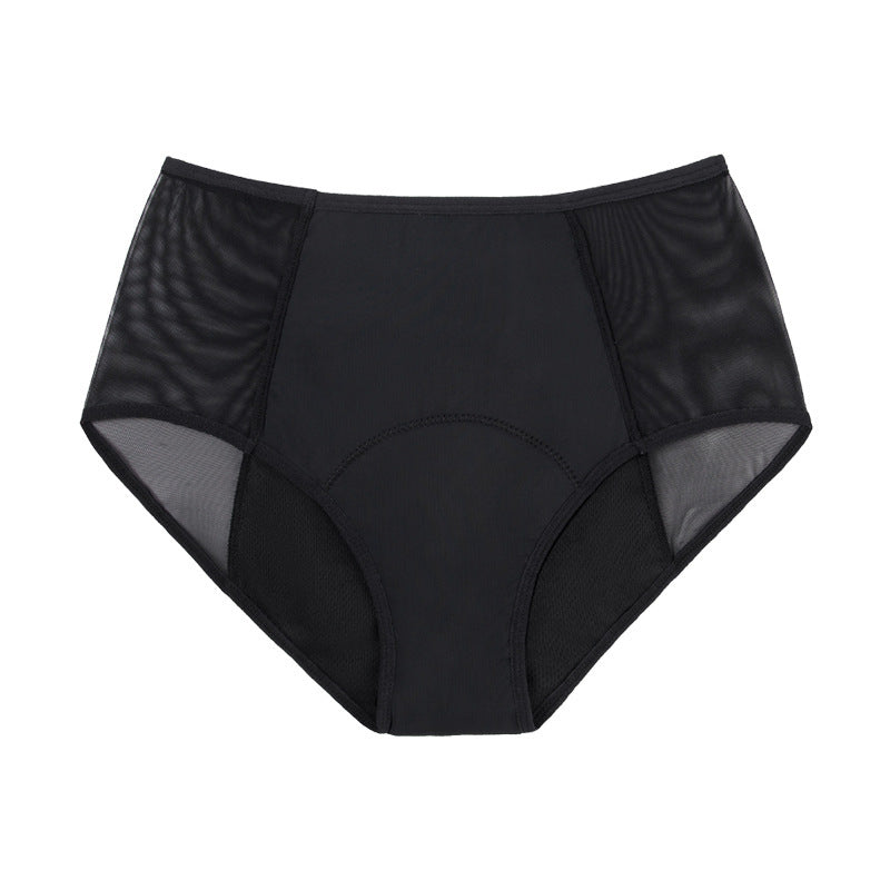 Black 4-layer absorption menstrual brief made of nylon with a cotton gusset.