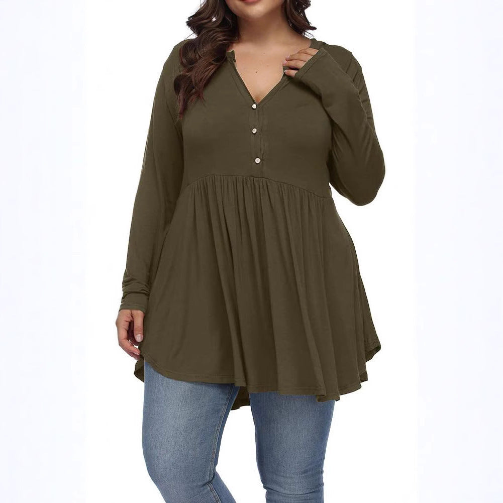 FASION V-neck Buttons Pleated Long Sleeve Plus Size T-shirt - Swefashionstore