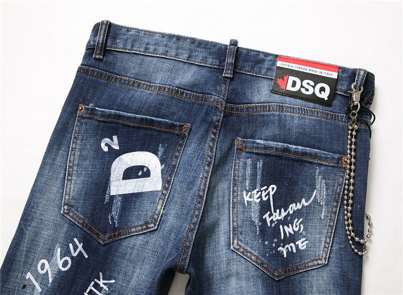 DENIM jeans famous D2 zipper blue hole Pencil Pants