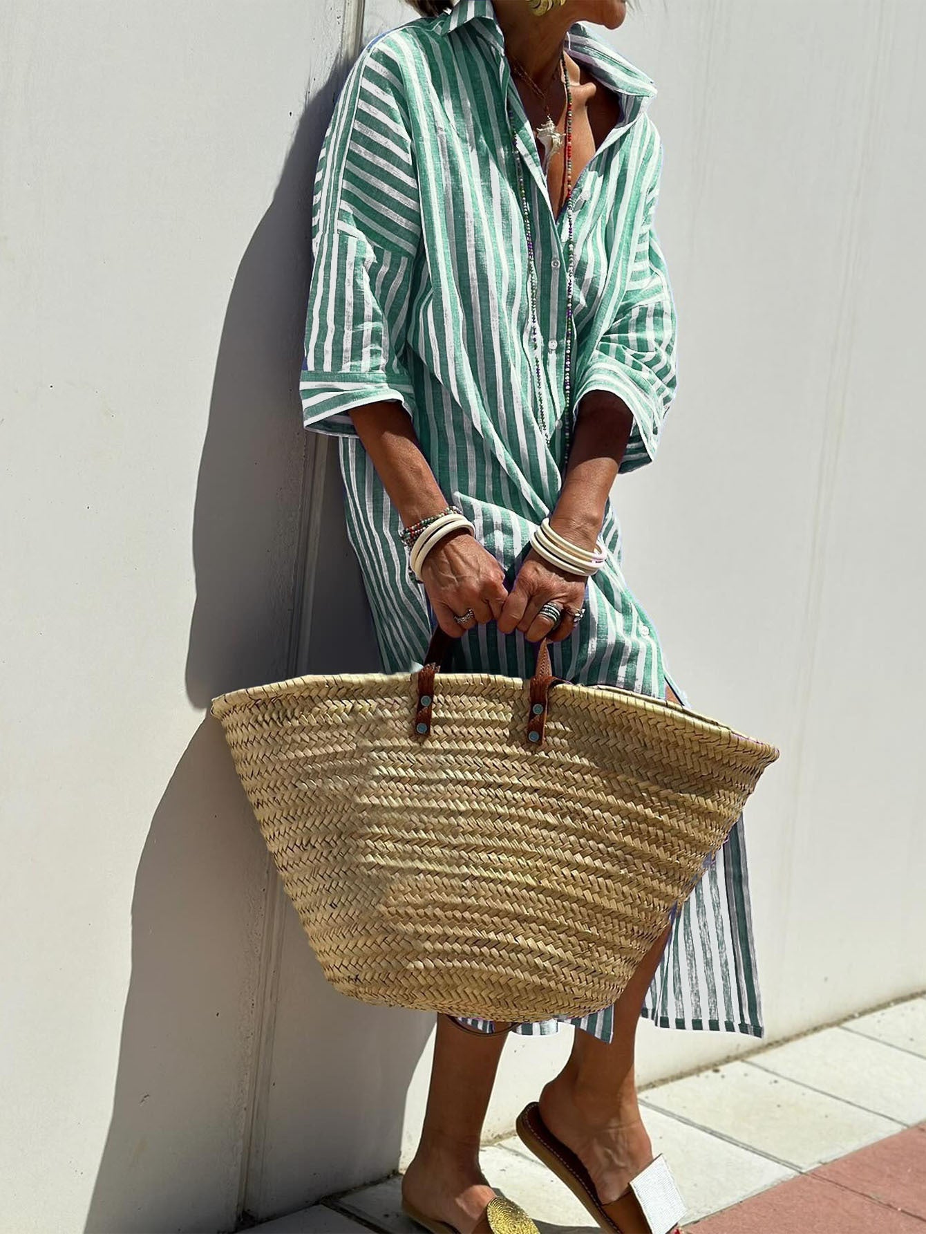 Striped Shirt Dress With Belt Fashion Half-sleeved For Women - Swefashionstore