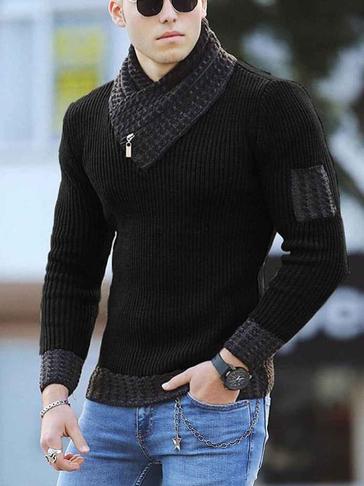 Independent Station Casual Slim Knit Pullover Sweater for Men with Scarf Collar Long Sleeves