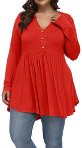 FASION V-neck Buttons Pleated Long Sleeve Plus Size T-shirt - Swefashionstore