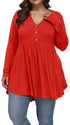 FASION V-neck Buttons Pleated Long Sleeve Plus Size T-shirt - Swefashionstore