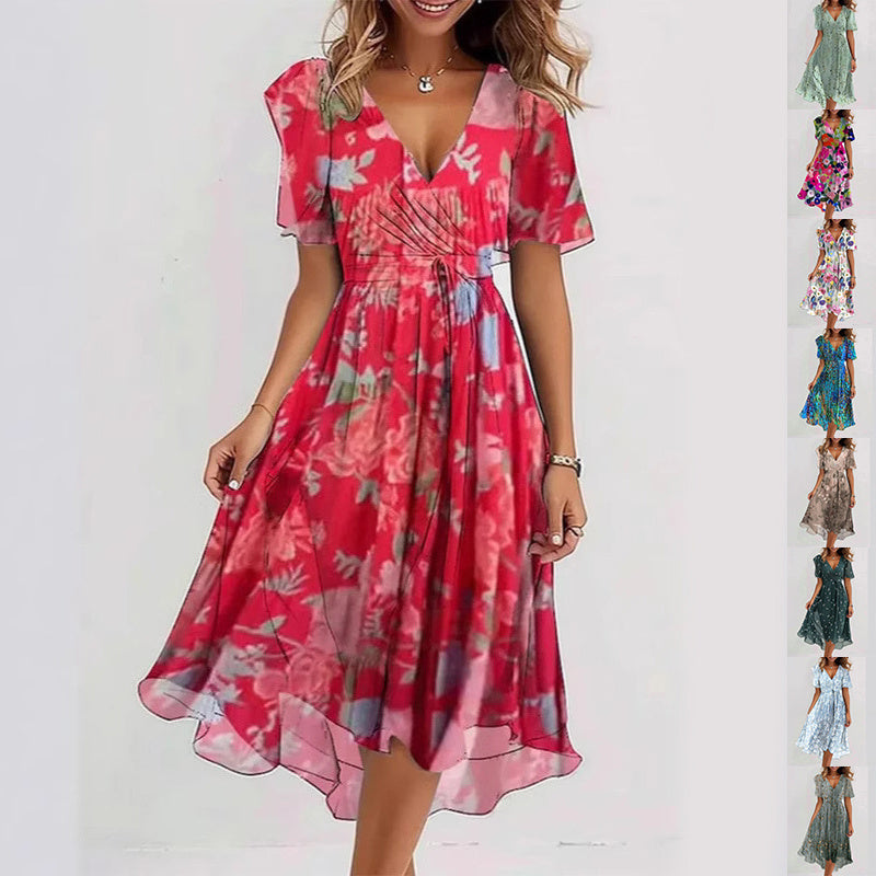 Flowers Printed V-neck Dress Summer A-line Short-sleeved Dresses For Women - Swefashionstore