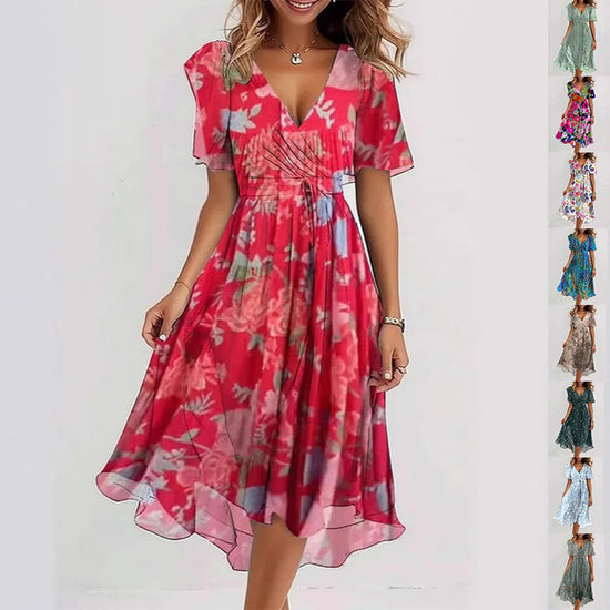 Flowers Printed V-neck Dress Summer A-line Short-sleeved Dresses For Women - Swefashionstore