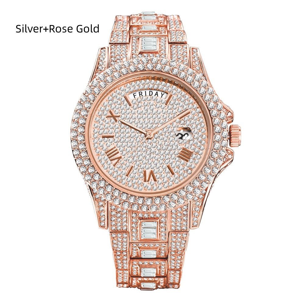 Full Diamond Luxury Quartz Watch in Silver and Rose Gold with diamond embellishments.