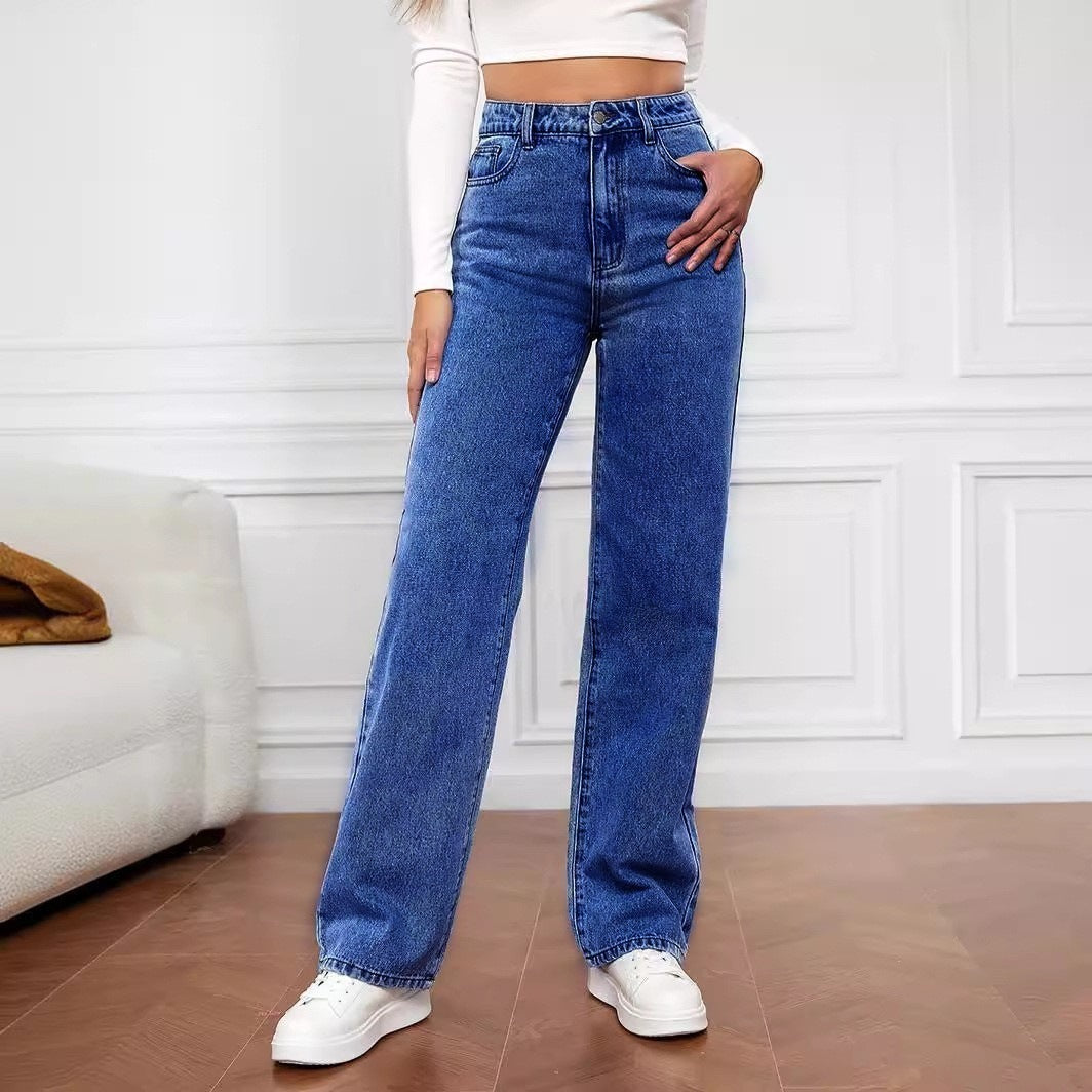 European And American Cross-border Amazon Hot-selling Stretch Washed Denim Fashion Straight Trousers Jeans Women&