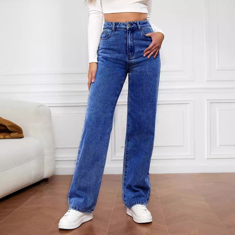 European And American Cross-border Amazon Hot-selling Stretch Washed Denim Fashion Straight Trousers Jeans Women&