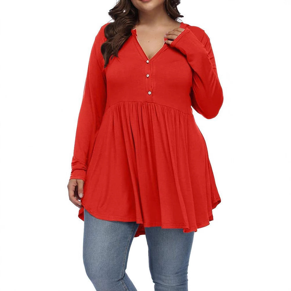 FASION V-neck Buttons Pleated Long Sleeve Plus Size T-shirt - Swefashionstore