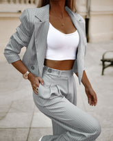 Fashion Striped Suits for Women - Casual Lapel Long Sleeve Cropped Top and Straight Pants Outfits - Swefashionstore