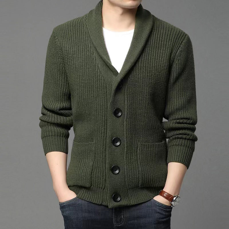 Classic lapel cardigan in army green, featuring a slim fit design and thick acrylic material.