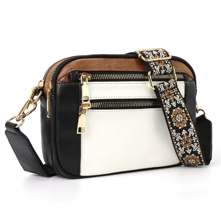 Triple-zipper Shoulder Bag With Floral Embroidered Straps - Swefashionstore