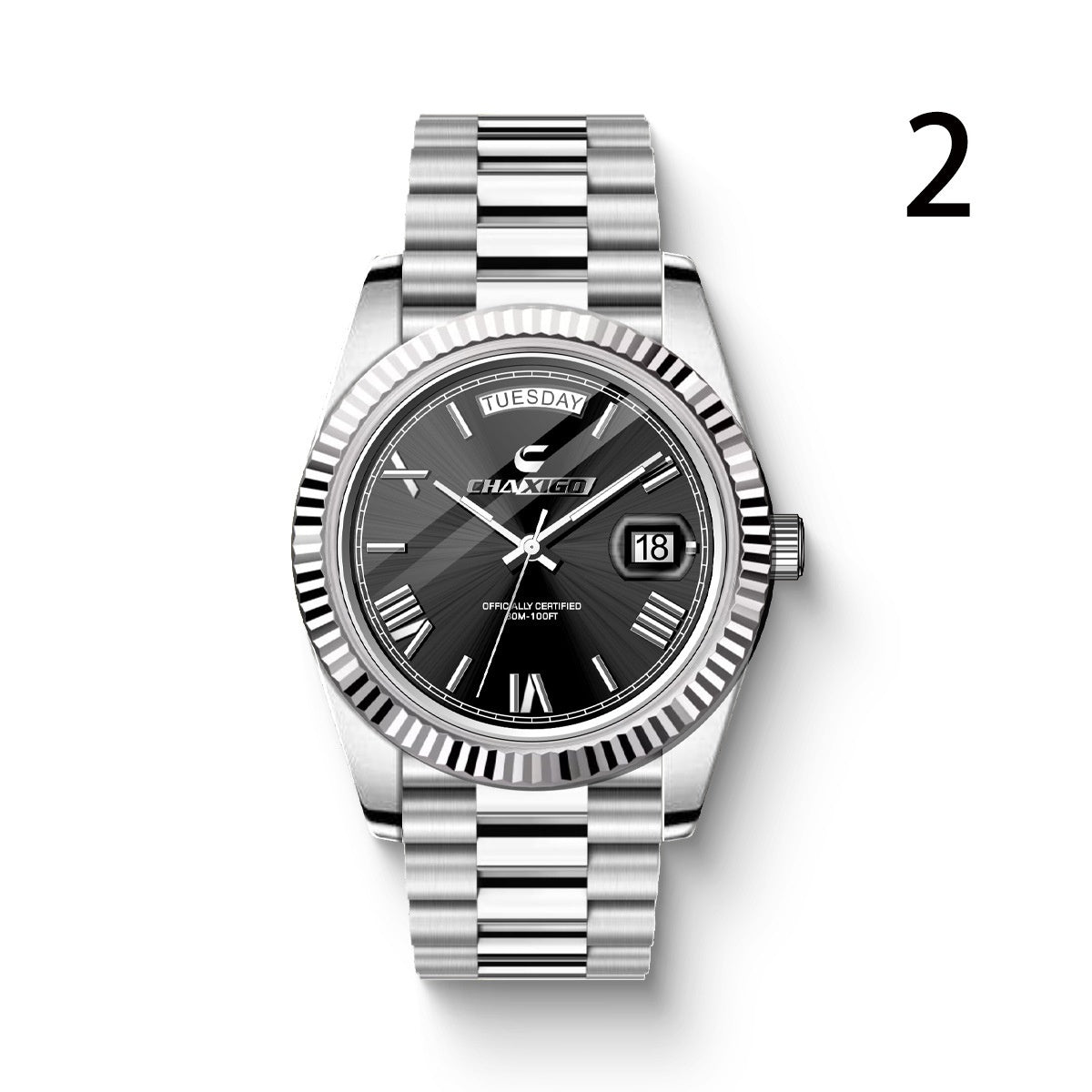 Men's stainless steel quartz wrist watch with black dial, white steel band, and date display.