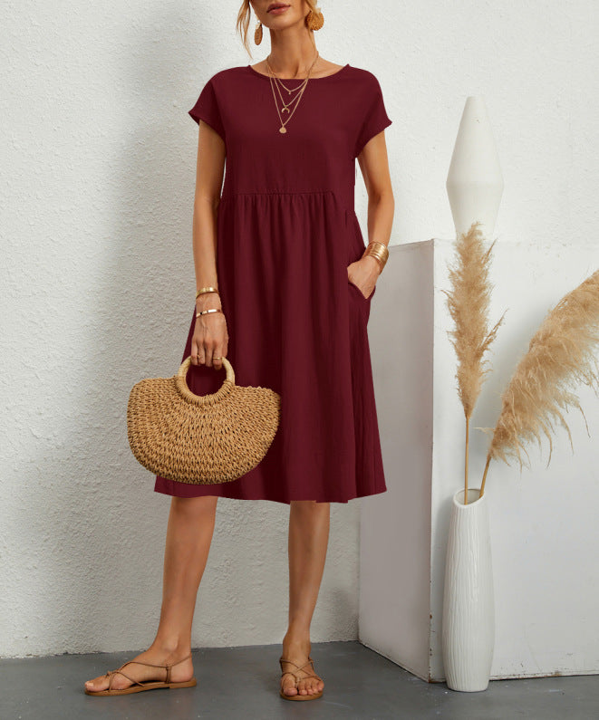 Summer Short-sleeved Dress With Pockets Fashion Solid Round Neck A-line Dresses For Women Clothing - Swefashionstore