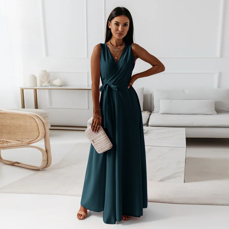 V-neck Sleeveless Dress With Belt Summer Fashion Party Club Evening Maxi Dresses For Women Clothing - Swefashionstore