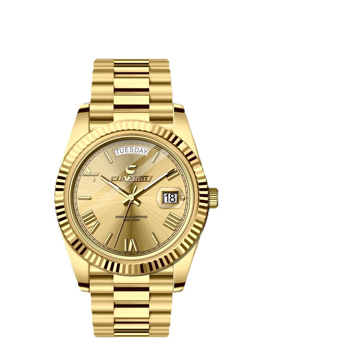 Men's gold quartz wrist watch with stainless steel band and round dial.