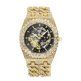 Full Diamond Hip Hop Cuban Link Chain Stitching Hollow Automatic Mechanical Watch - Swefashionstore
